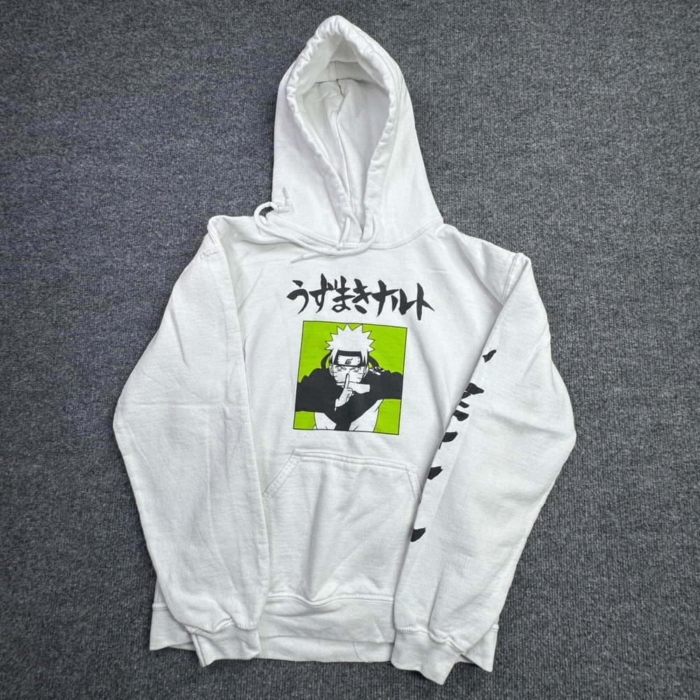 Naruto Shippuden Hoodie Mens M White Cotton Pullover Graphic Print Manga Anime